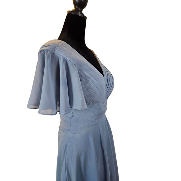 Lavetir Womens Dusty Blue Pleated V-Neck Chiffon Midi Dress Size 4 Lace-Up Back - Picture 9 of 12